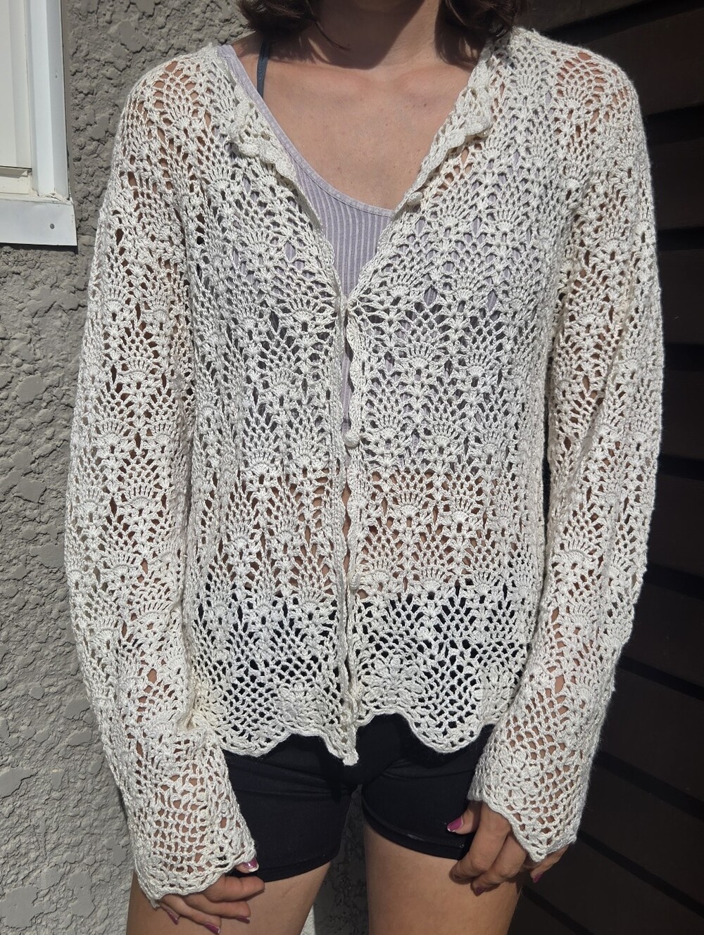 Women's Vintage 90d Lace Crochet Sheer Dainty Cardigan Large